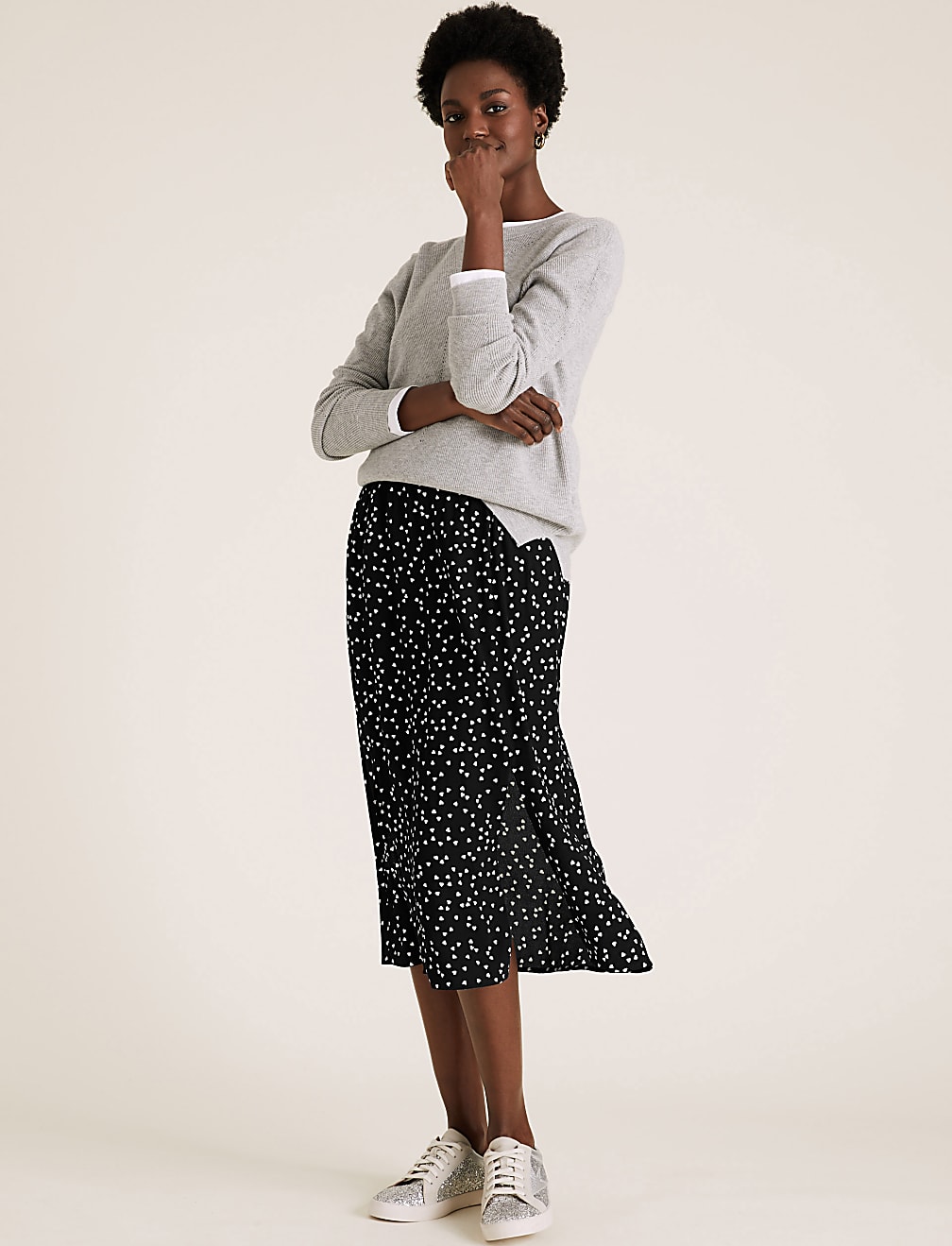 Heart Print Split Front Midi Straight Skirt