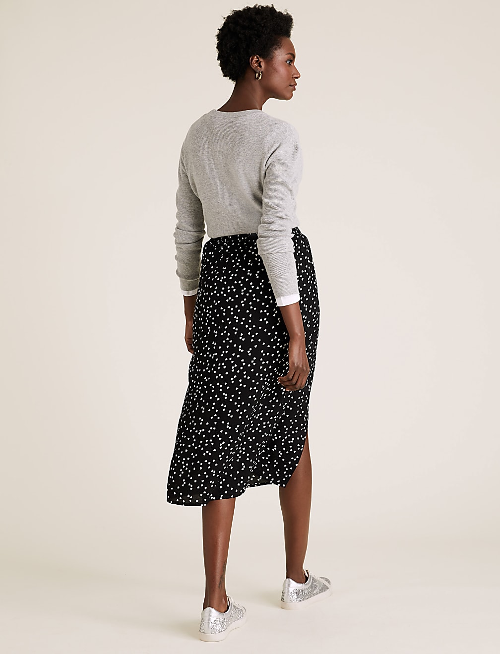 Heart Print Split Front Midi Straight Skirt