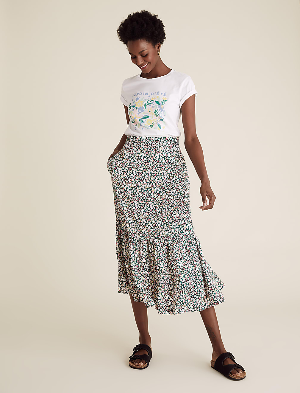 Floral Midi Tiered Skirt