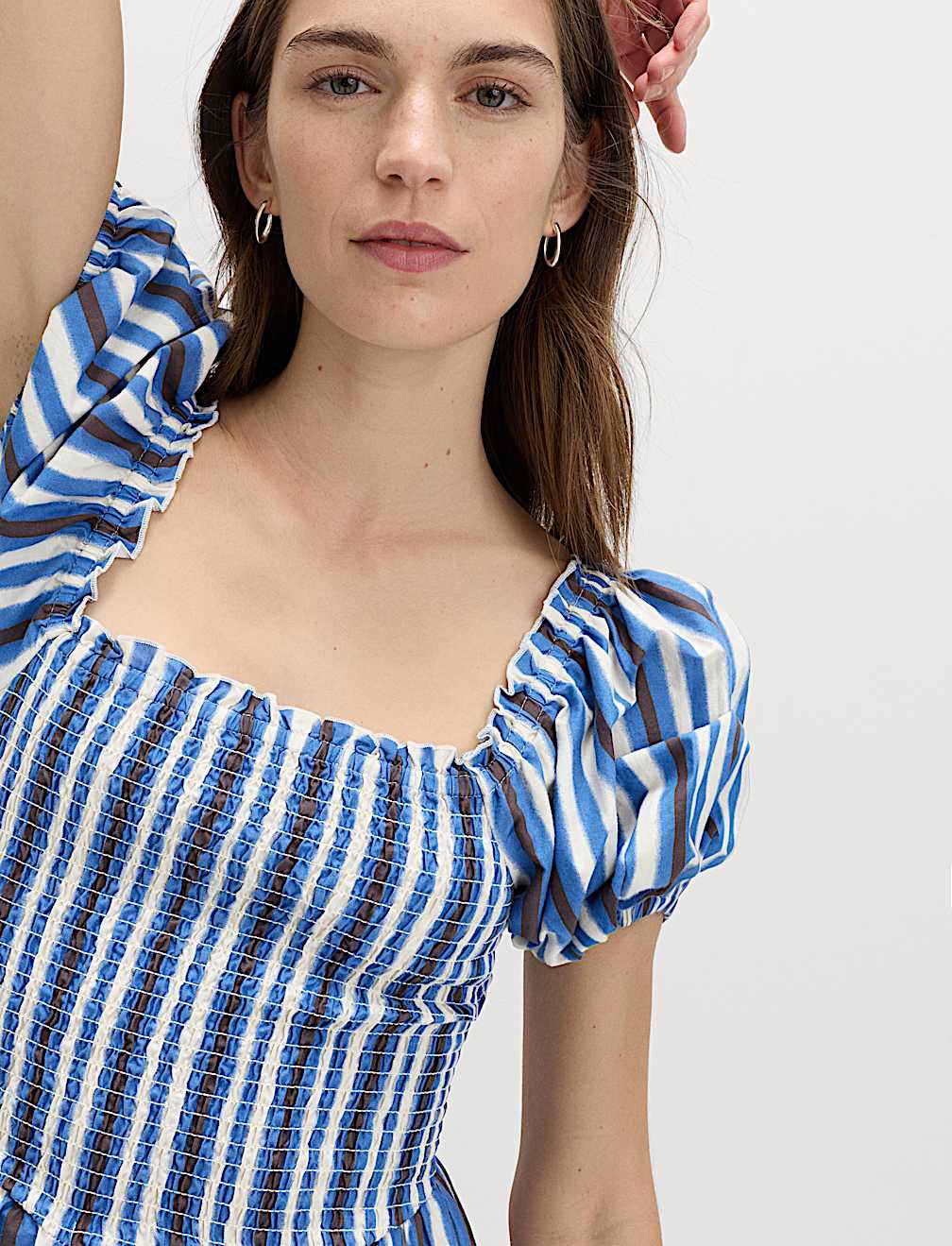 Pure Cotton Striped Shirred Midi Dress