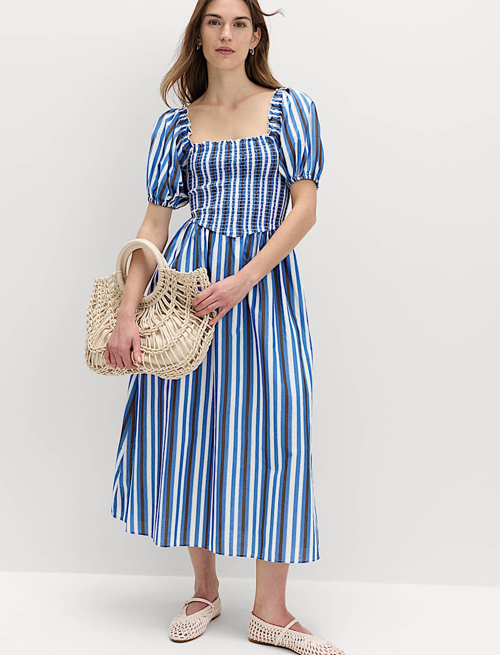 Pure Cotton Striped Shirred Midi Dress