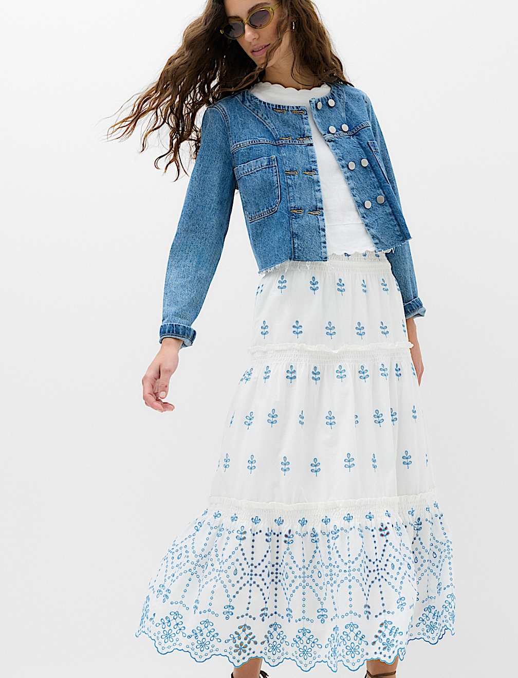Pure Cotton Embroidered Midaxi Tiered Skirt
