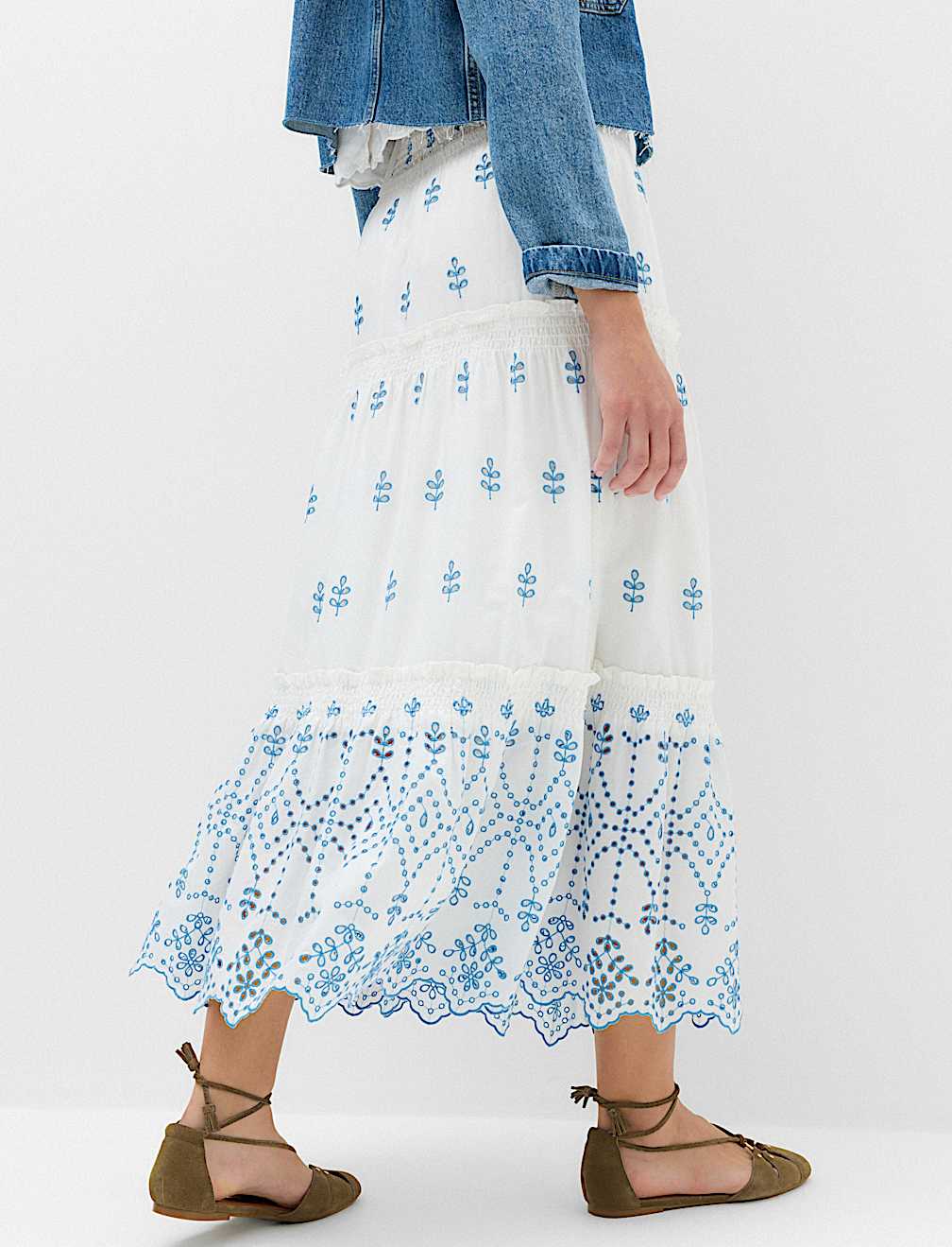 Pure Cotton Embroidered Midaxi Tiered Skirt