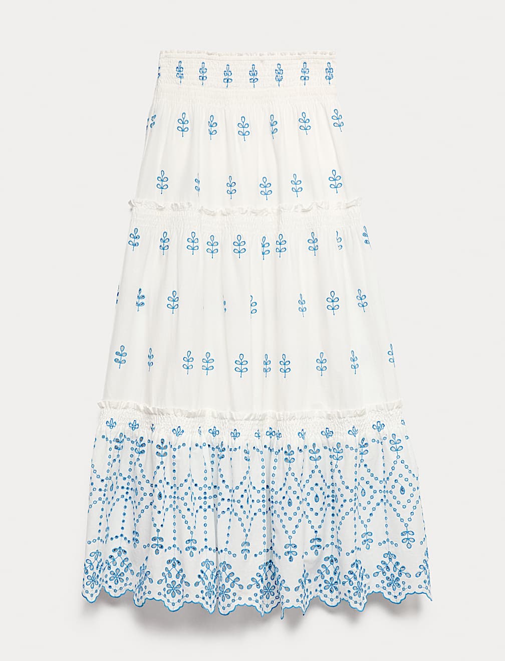 Pure Cotton Embroidered Midaxi Tiered Skirt