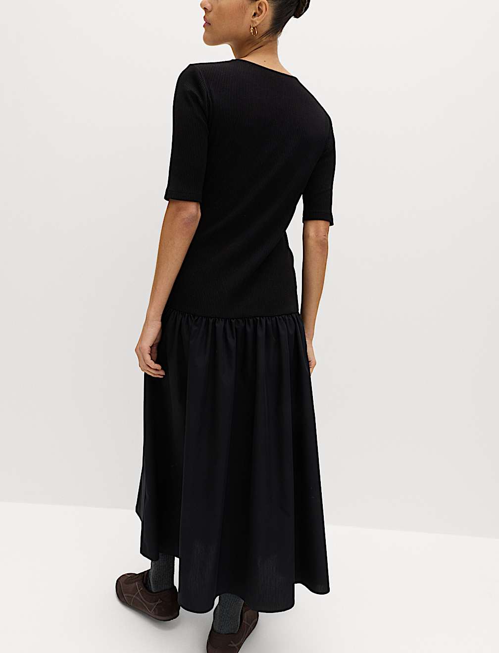 Jersey Ribbed Midi Drop Waist Dress