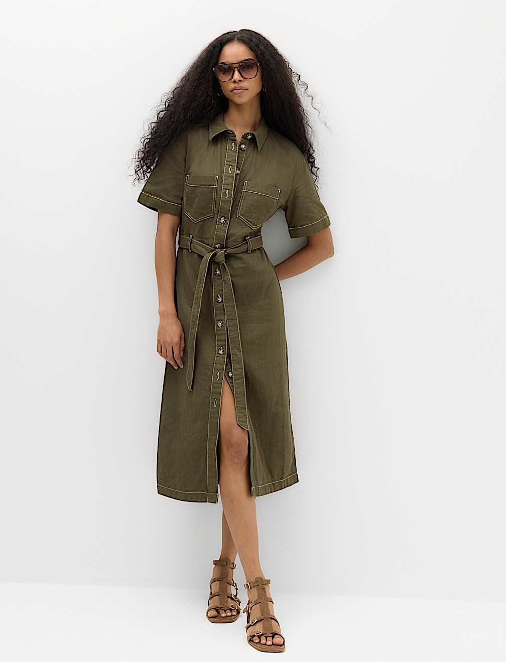 Pure Cotton Collared Belted Midi Utility Dress