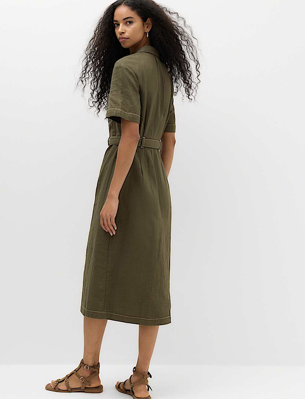 Pure Cotton Collared Belted Midi Utility Dress