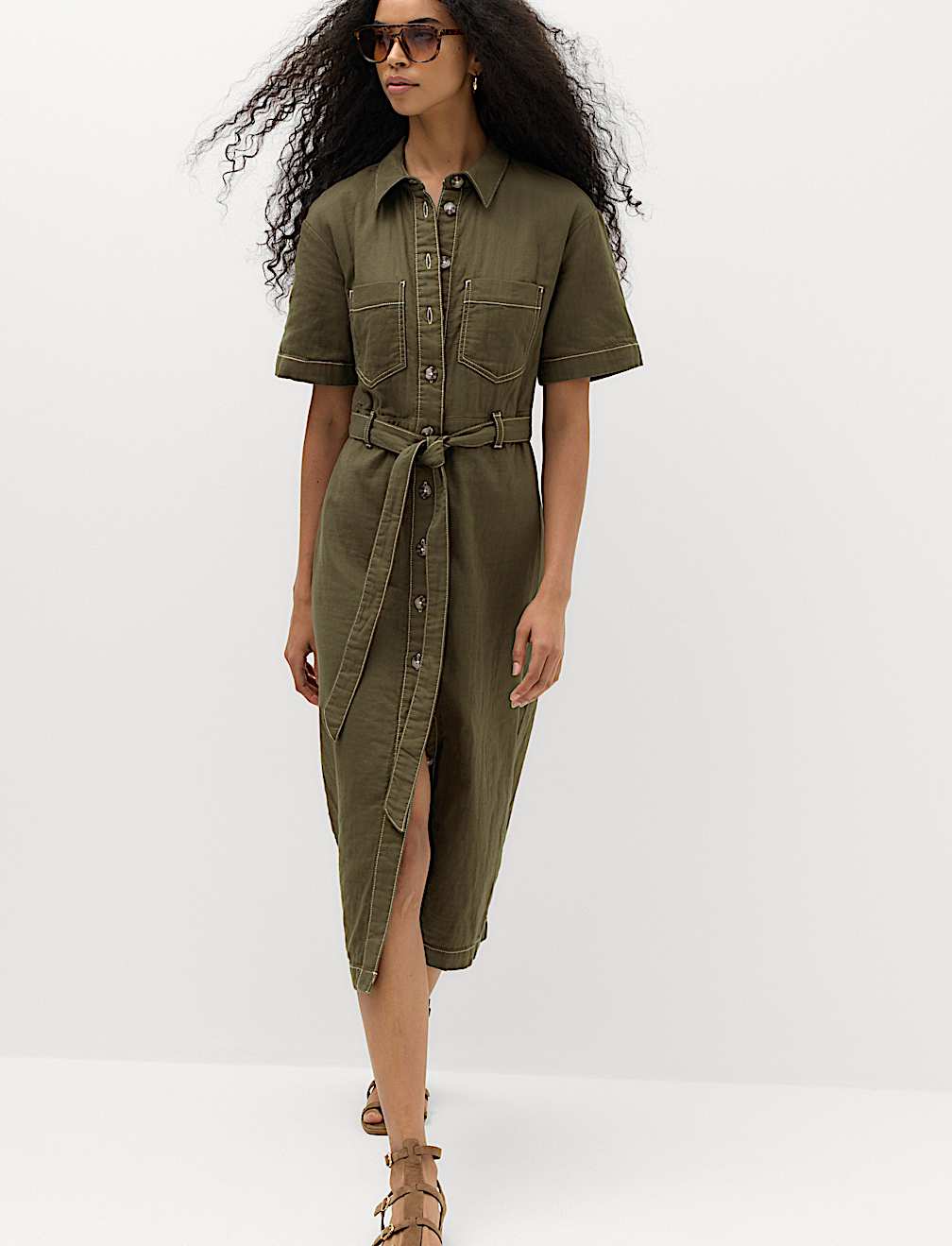 Pure Cotton Collared Belted Midi Utility Dress