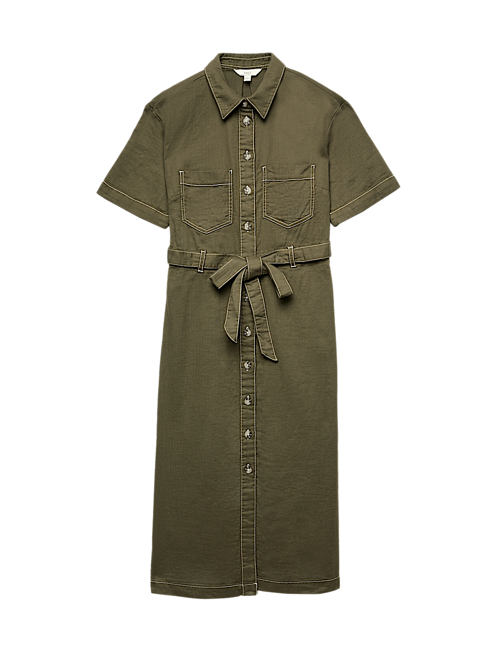 Pure Cotton Collared Belted Midi Utility Dress