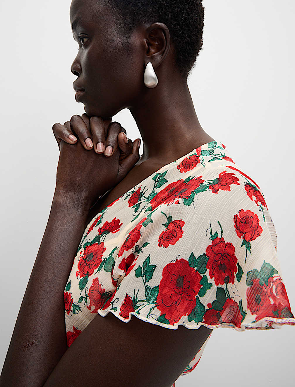 Chiffon Floral V-Neck Angel Sleeve Midaxi Tea Dress