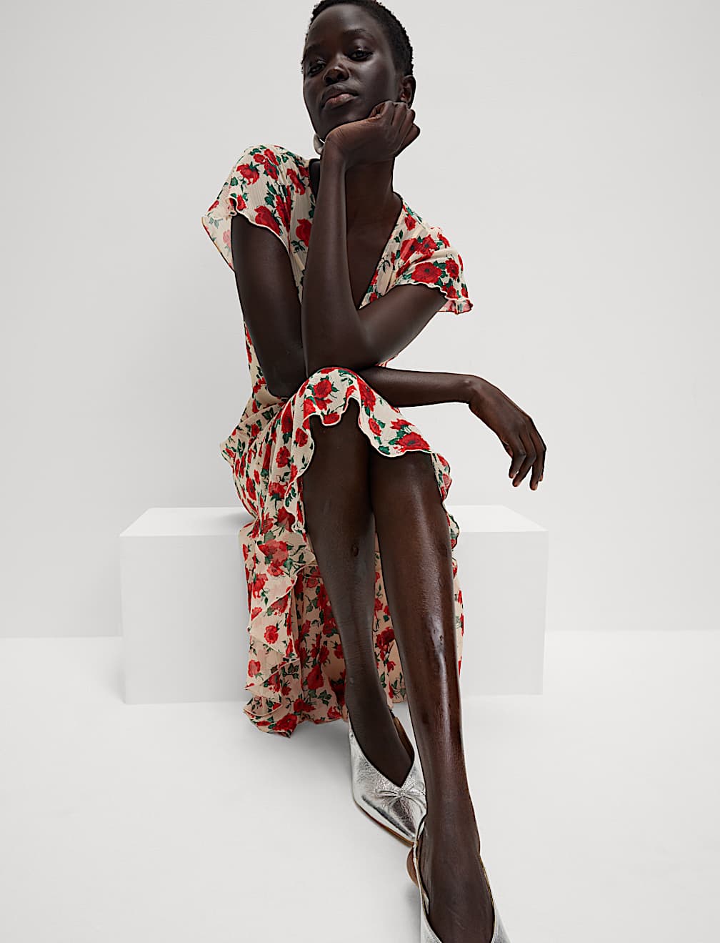 Chiffon Floral V-Neck Angel Sleeve Midaxi Tea Dress