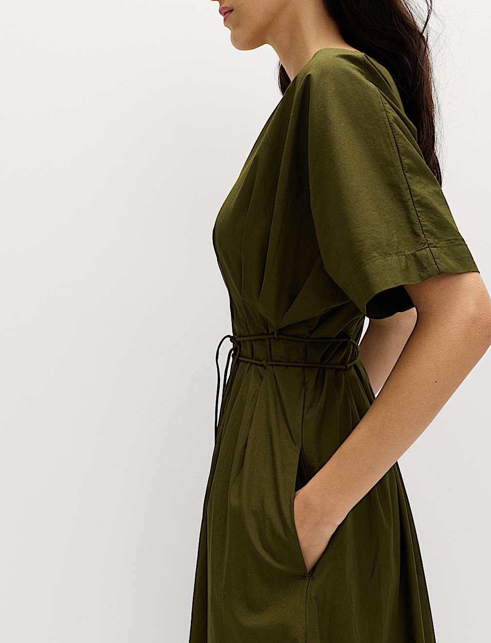 Pure Cotton V-Neck Midi Waisted Dress