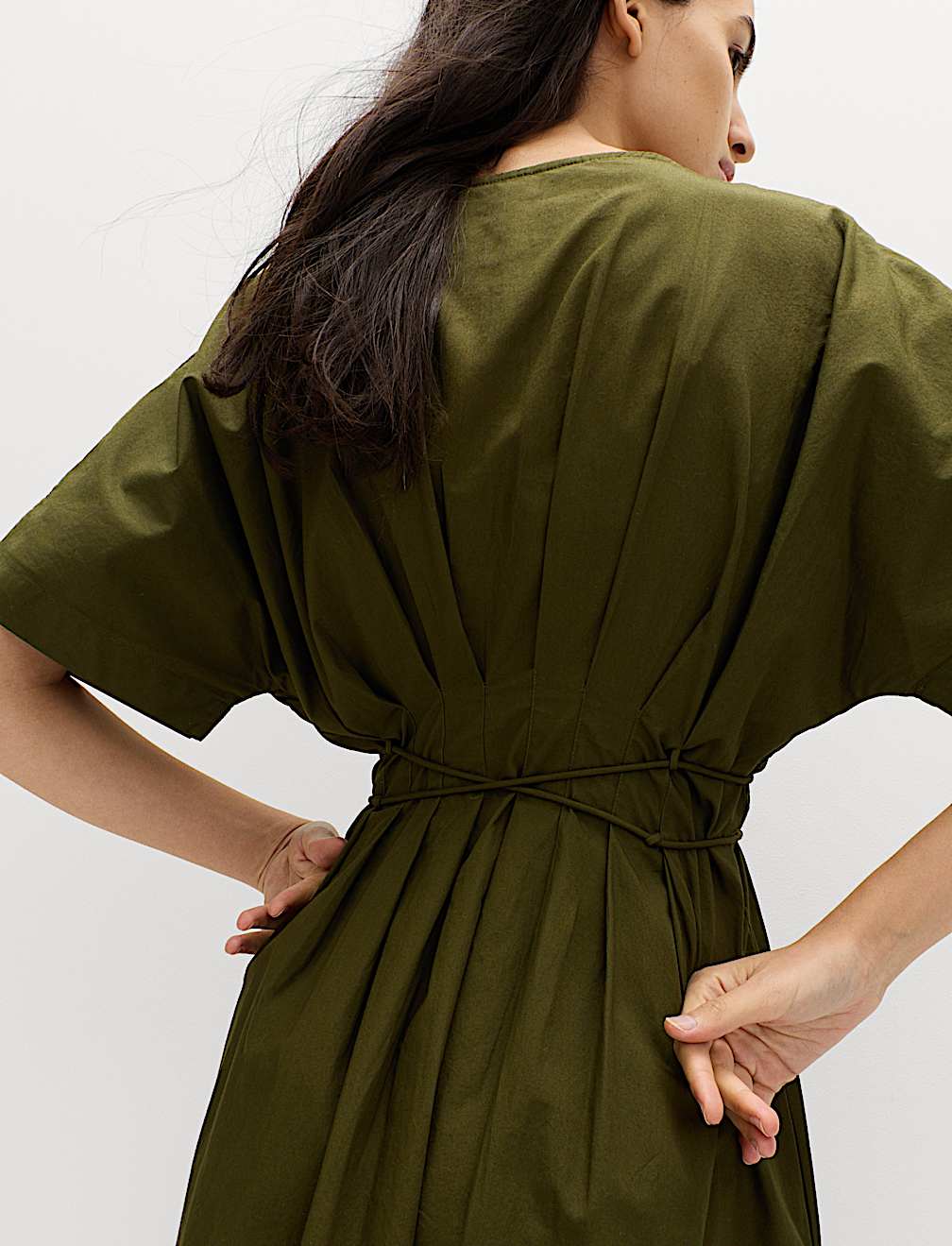 Pure Cotton V-Neck Midi Waisted Dress