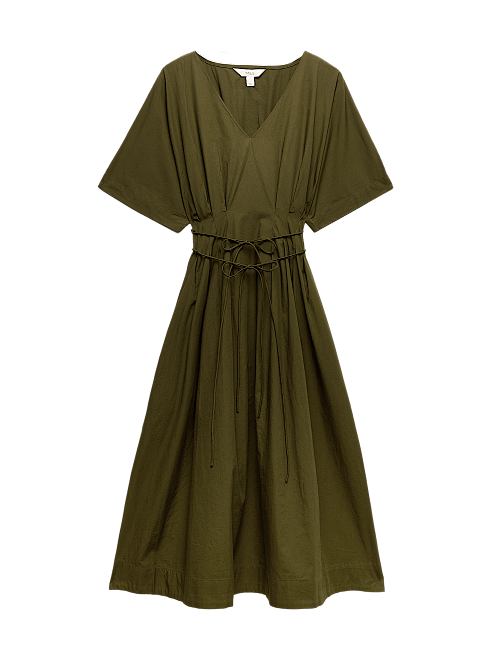 Pure Cotton V-Neck Midi Waisted Dress