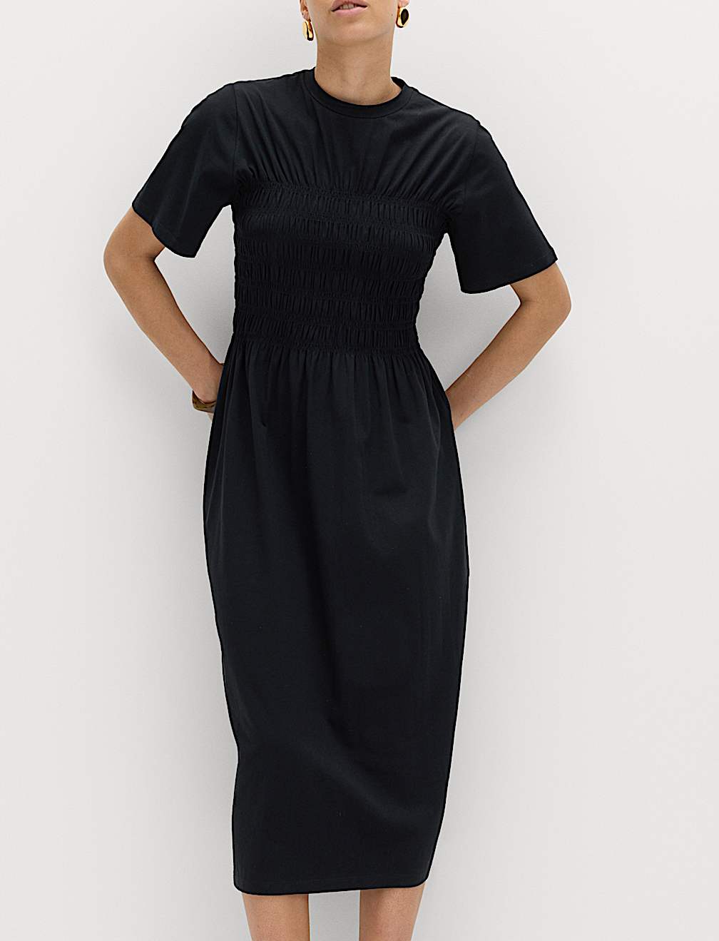 Cotton Rich Shirred Midi T-Shirt Dress