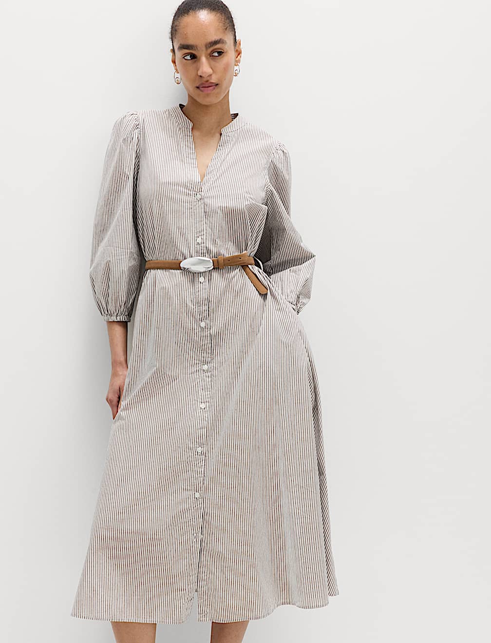 Pure Cotton Striped V-Neck Midi Shirt Dress