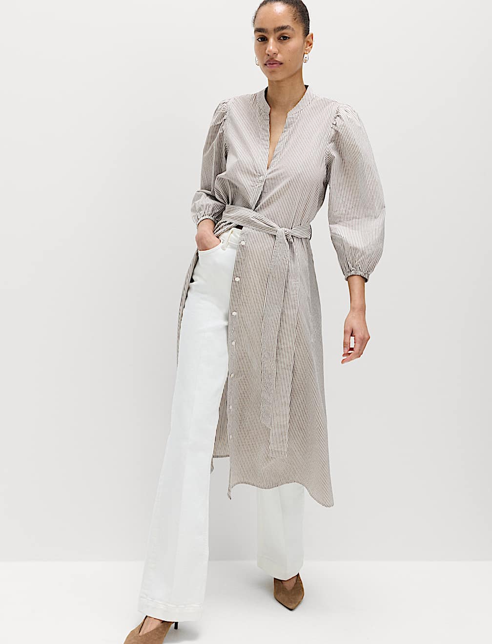 Pure Cotton Striped V-Neck Midi Shirt Dress