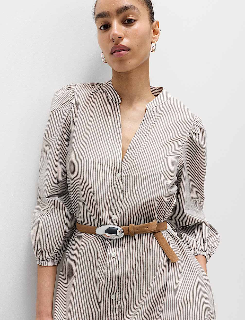 Pure Cotton Striped V-Neck Midi Shirt Dress