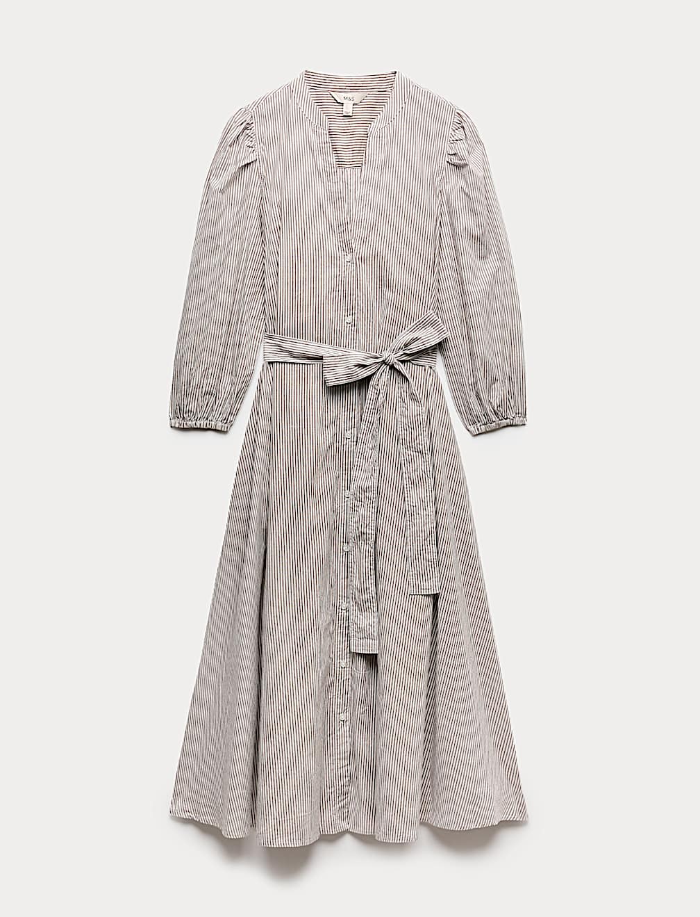 Pure Cotton Striped V-Neck Midi Shirt Dress