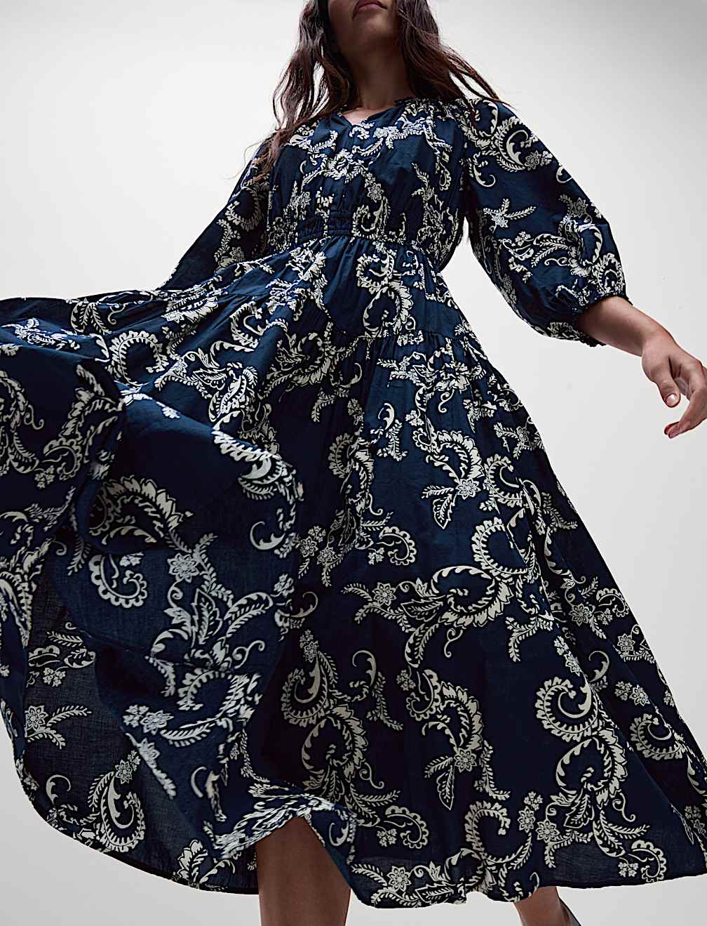 Pure Cotton Printed V-Neck Midi Waisted Dress