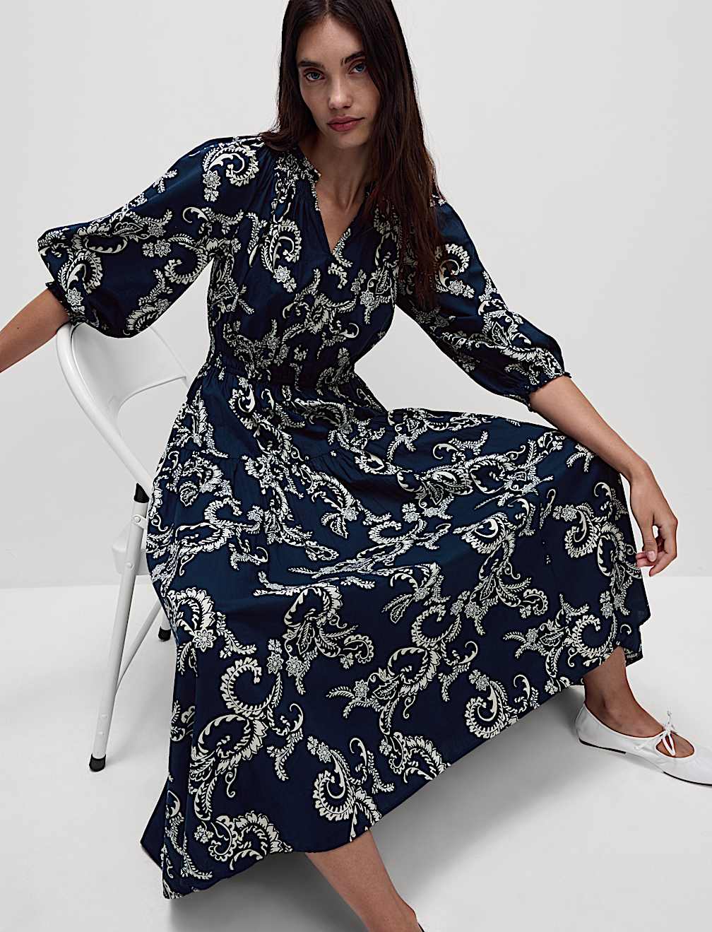 Pure Cotton Printed V-Neck Midi Waisted Dress