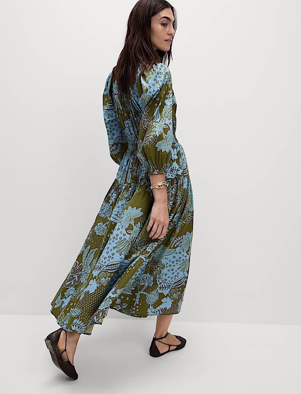 Pure Cotton Printed V-Neck Midi Waisted Dress