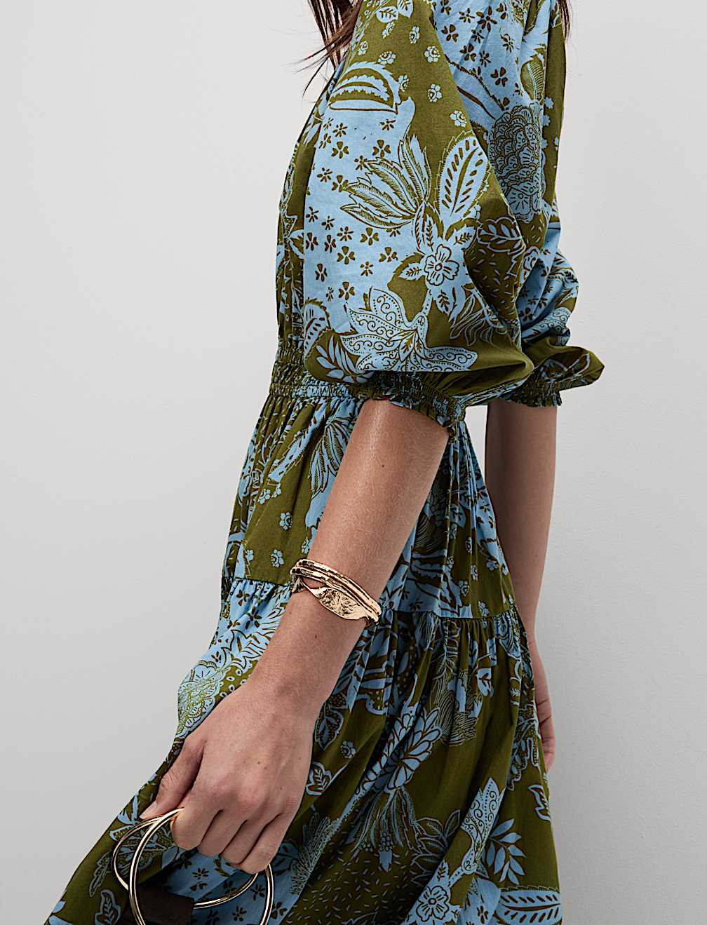 Pure Cotton Printed V-Neck Midi Waisted Dress