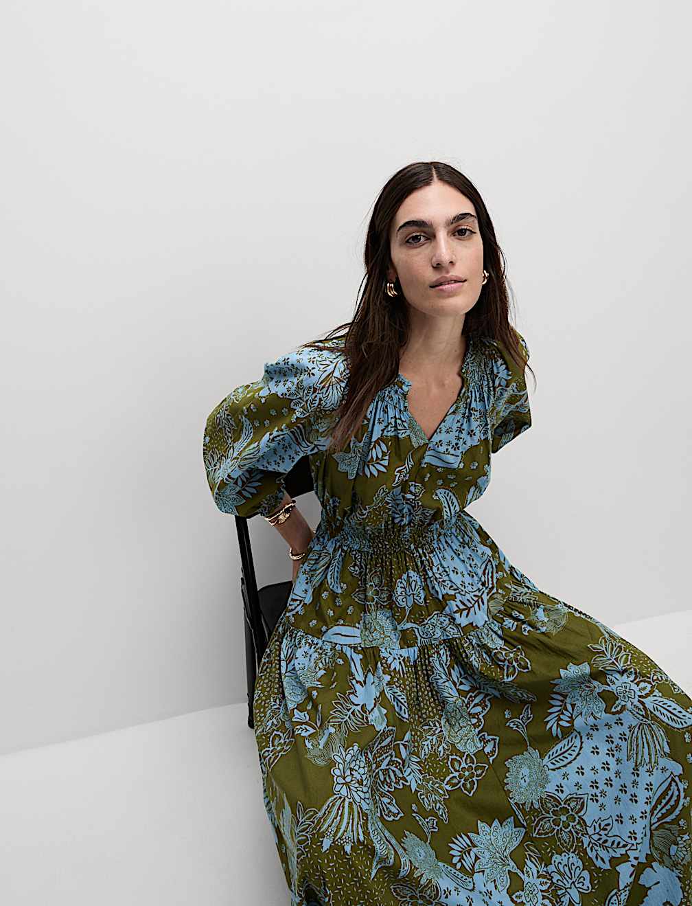 Pure Cotton Printed V-Neck Midi Waisted Dress