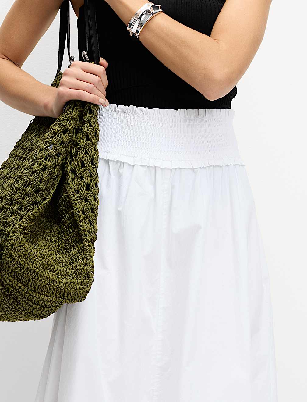 Pure Cotton Shirred Midi A-Line Skirt