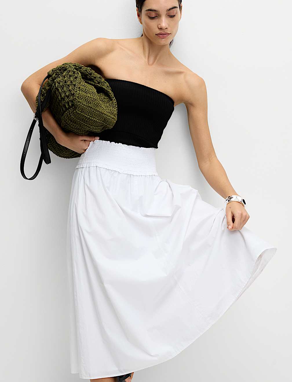 Pure Cotton Shirred Midi A-Line Skirt
