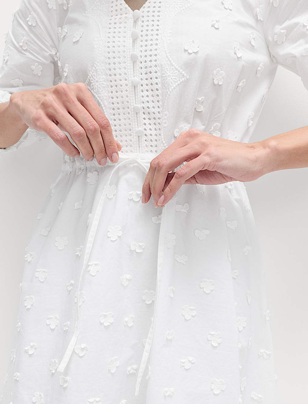 Pure Cotton Embroidered V-Neck Mini Waisted Dress