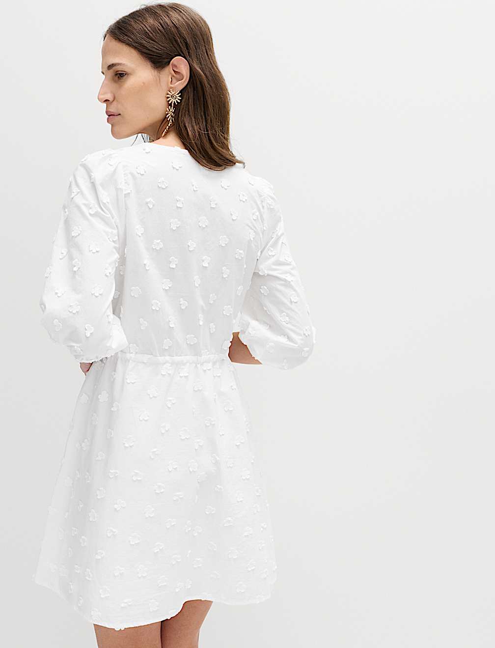 Pure Cotton Embroidered V-Neck Mini Waisted Dress