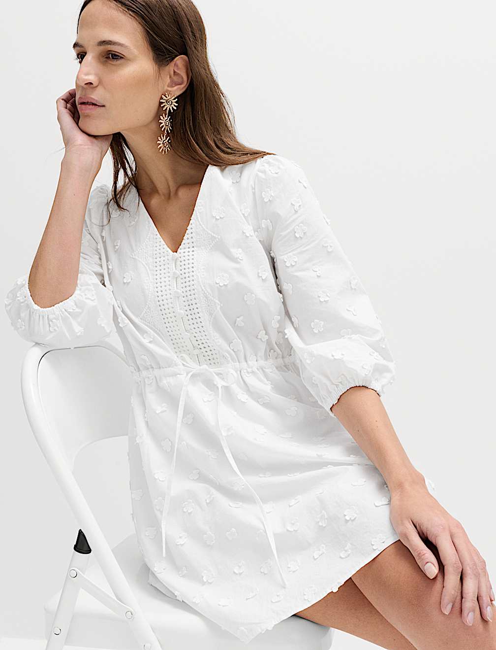 Pure Cotton Embroidered V-Neck Mini Waisted Dress