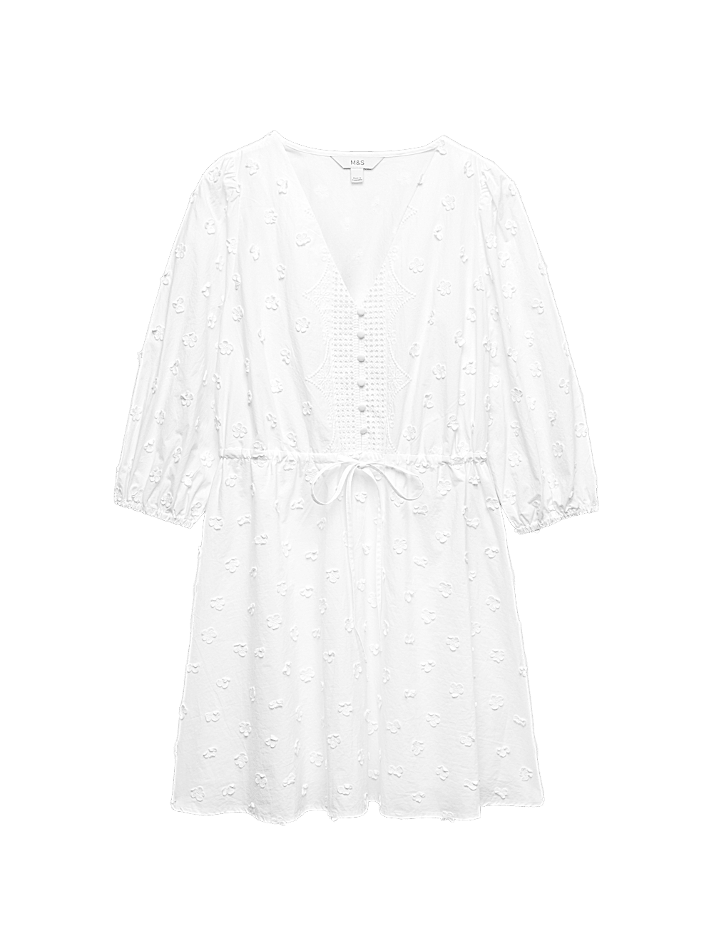 Pure Cotton Embroidered V-Neck Mini Waisted Dress