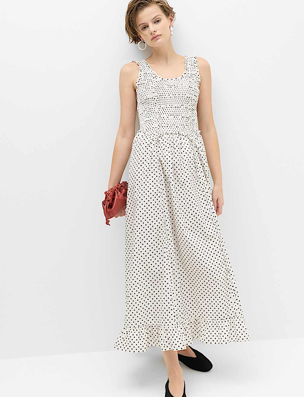 Pure Cotton Polka Dot Ruffle Midi Skater Dress