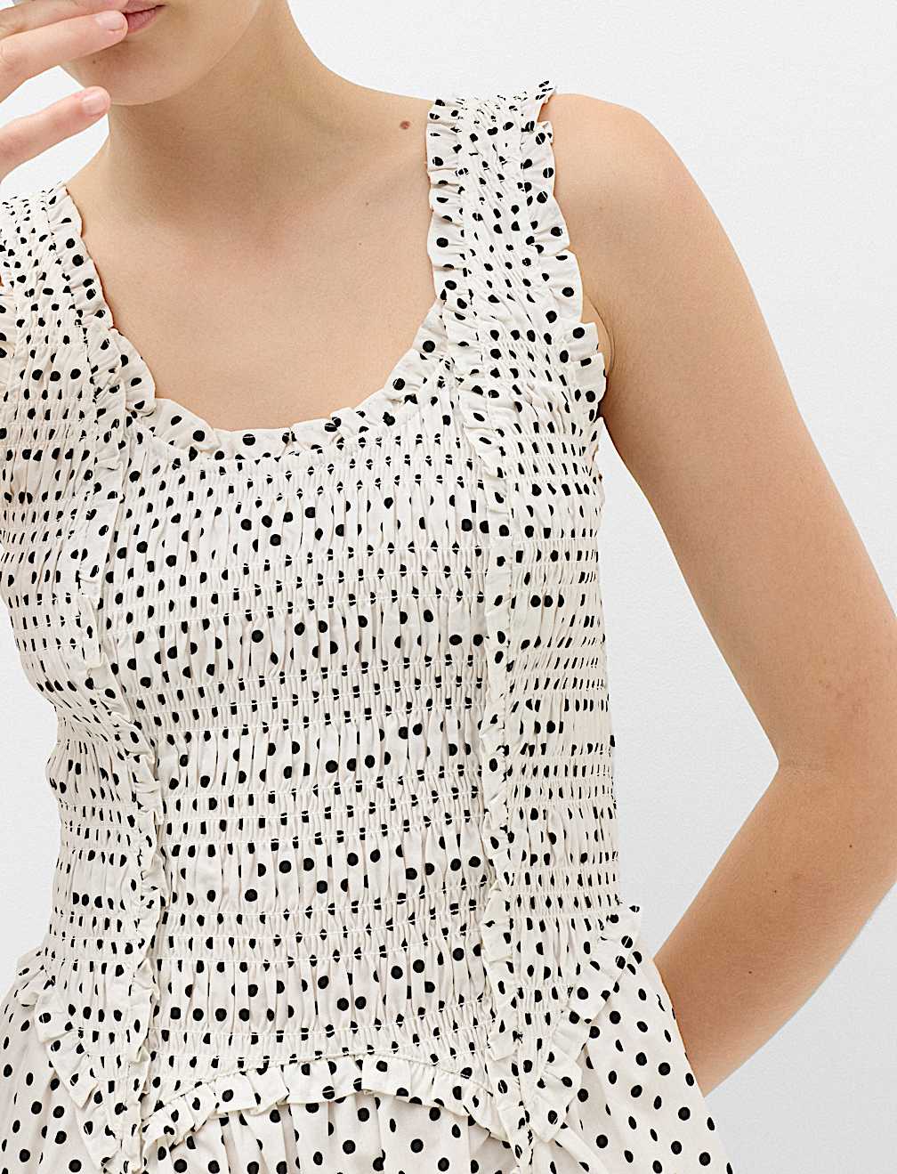 Pure Cotton Polka Dot Ruffle Midi Skater Dress