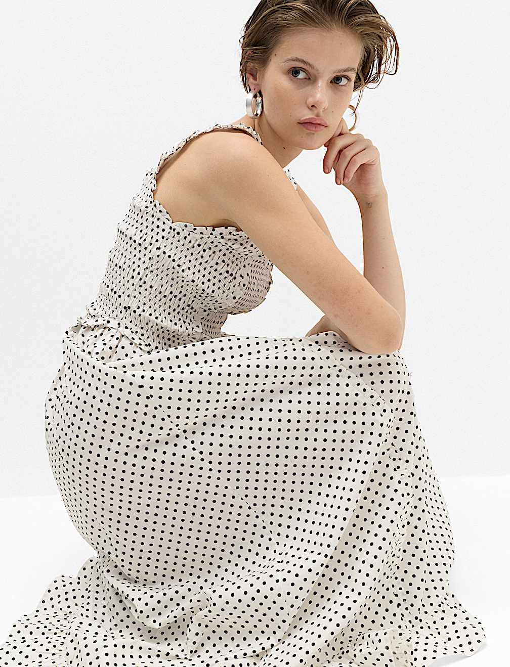 Pure Cotton Polka Dot Ruffle Midi Skater Dress