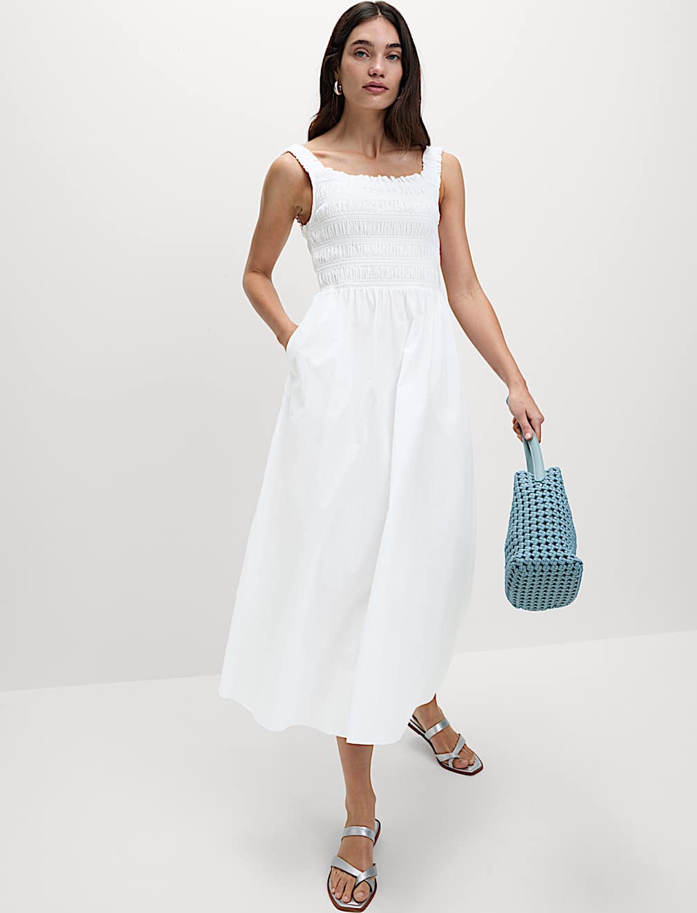 Pure Cotton Textured Midi Waisted Dress