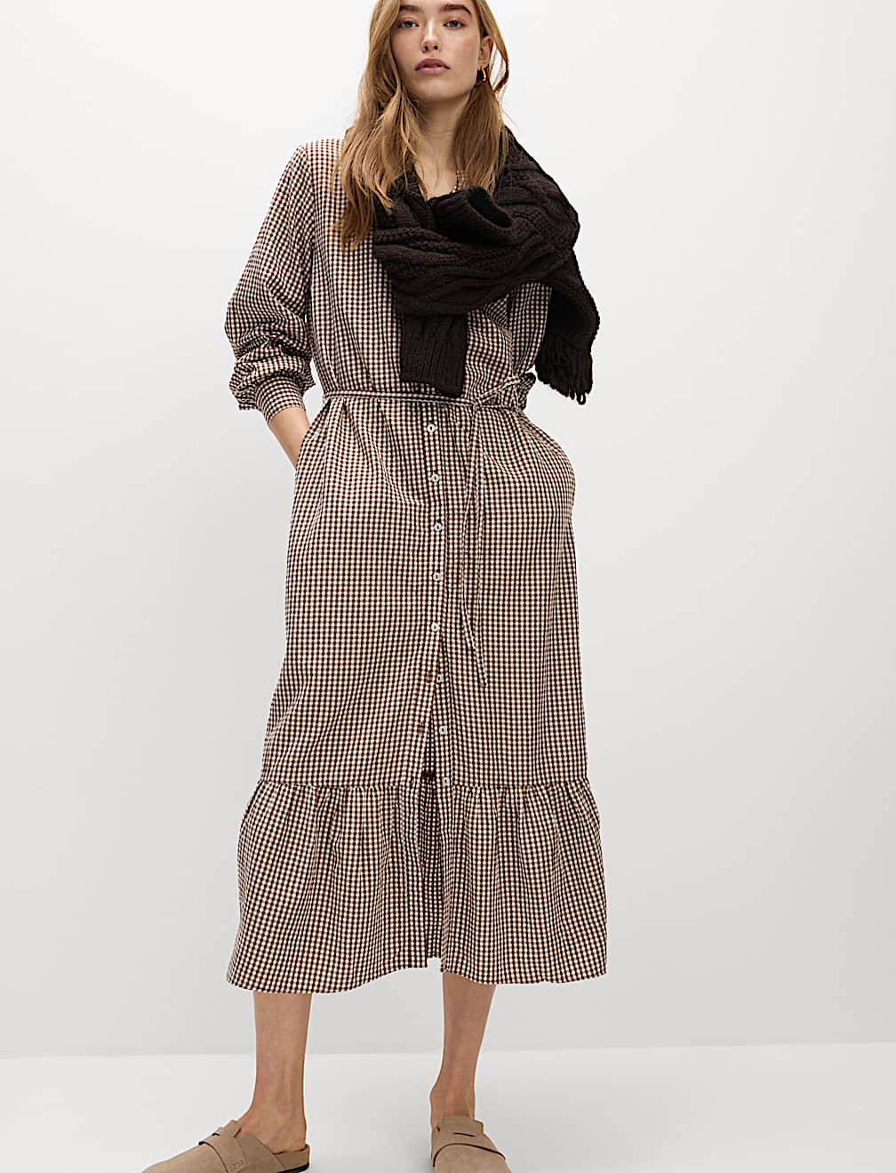 Modal Rich Checked Button Front Midi Dress