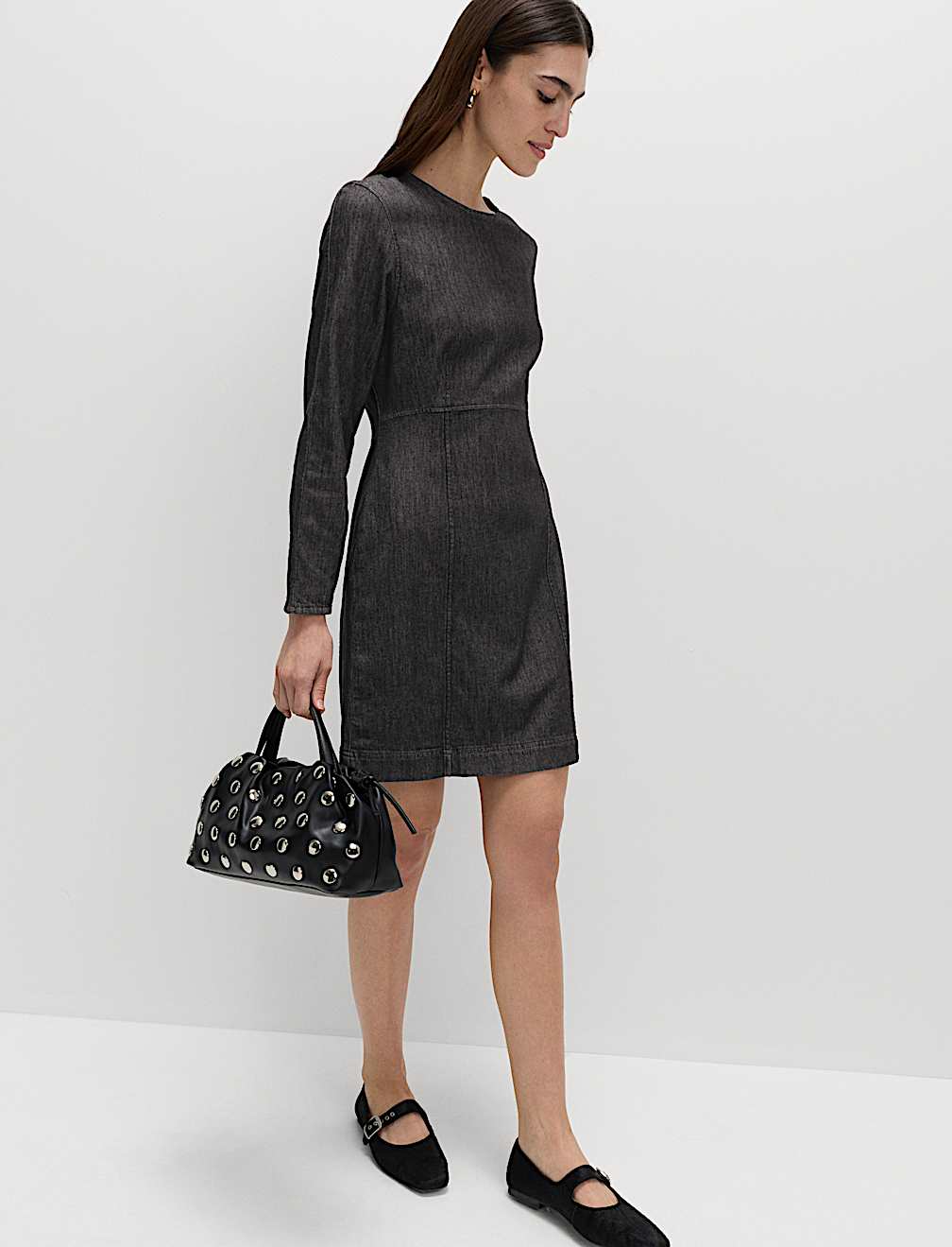 Cotton Rich Denim Round Neck Mini Shift Dress