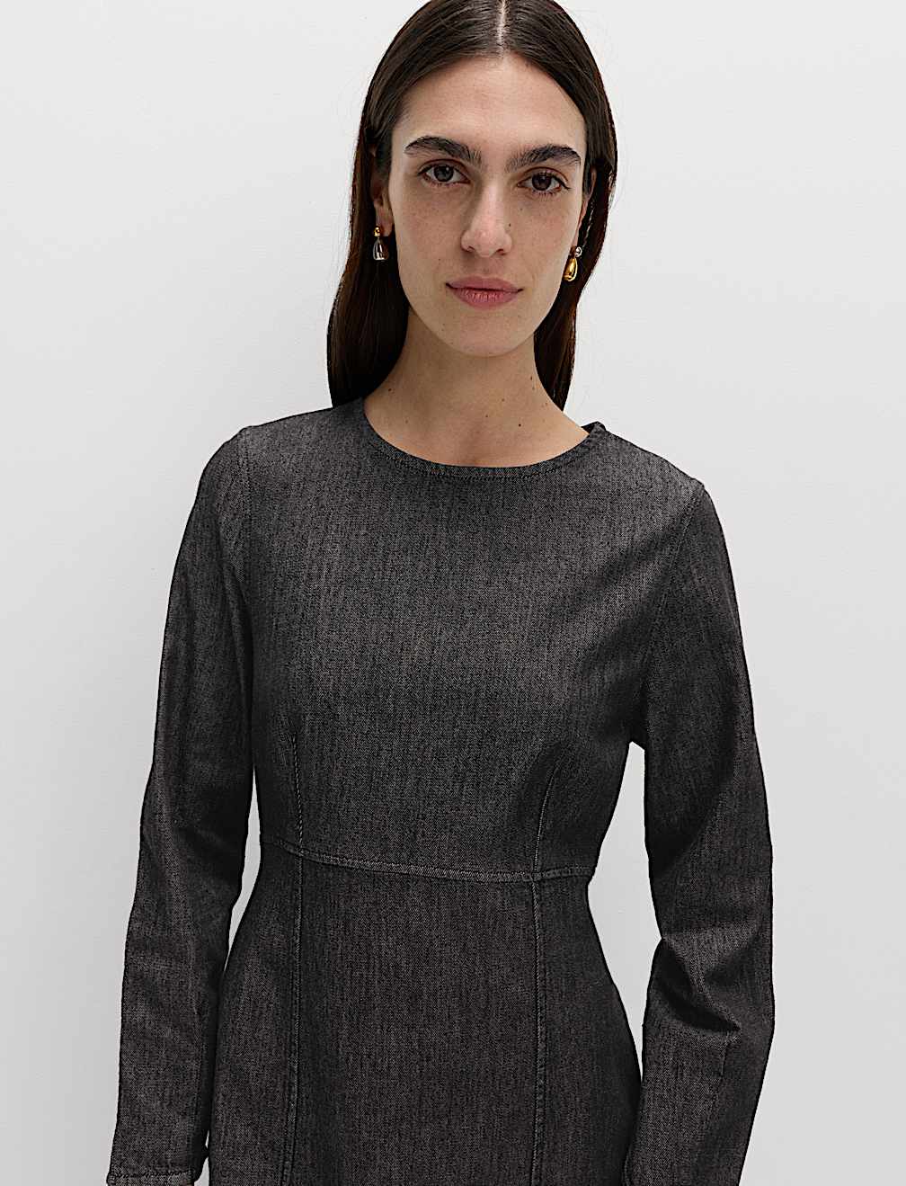Cotton Rich Denim Round Neck Mini Shift Dress