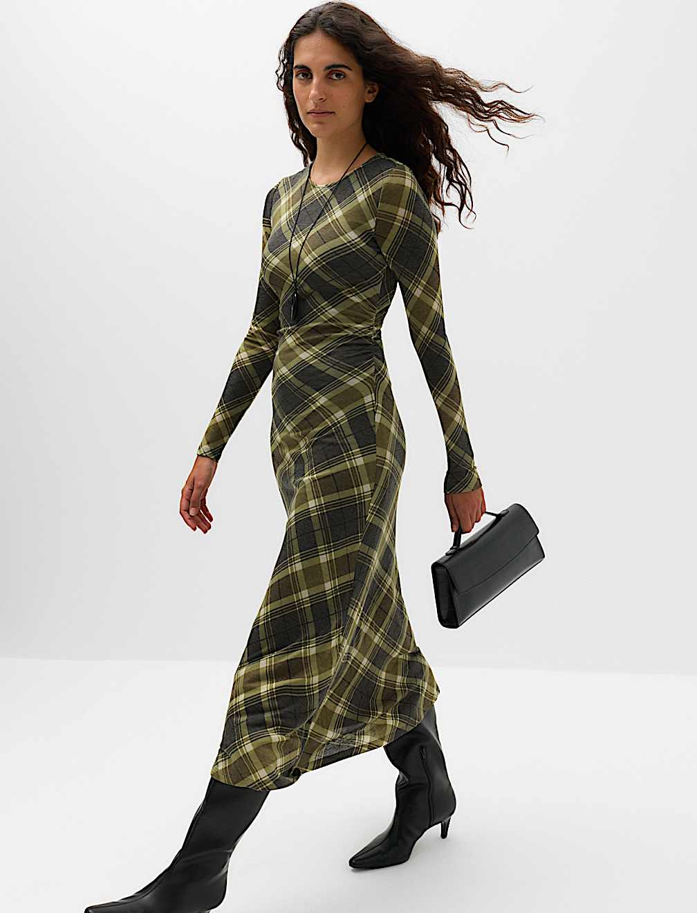 Lyocell Blend Checked Midi Column Dress