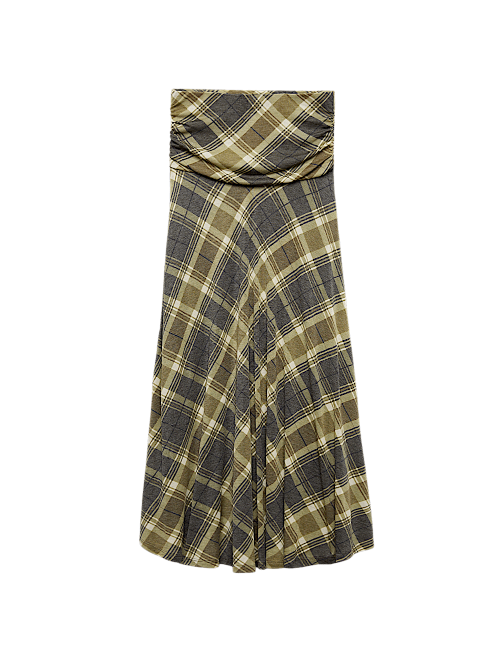 Lyocell Blend Checked Ruched Midi A-Line Skirt