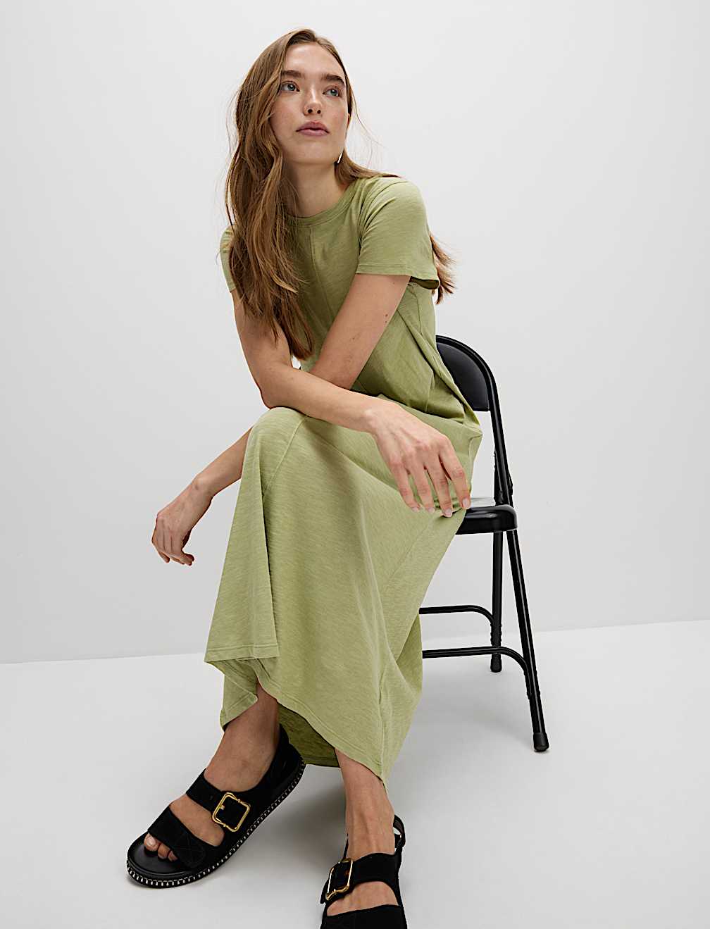 Pure Cotton Round Neck Midi T-Shirt Dress