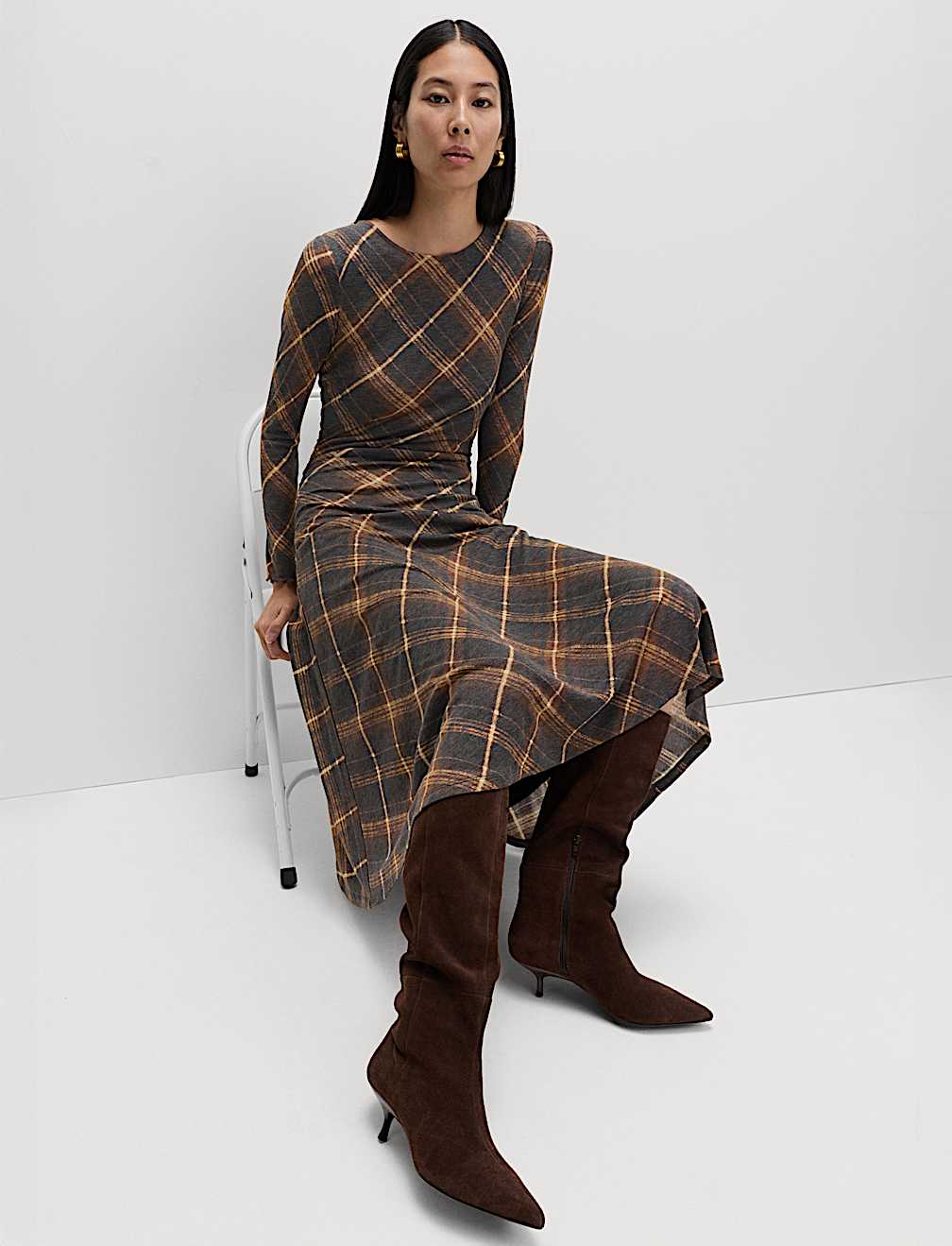 Lyocell Blend Checked Dropped Waist Midi Dress