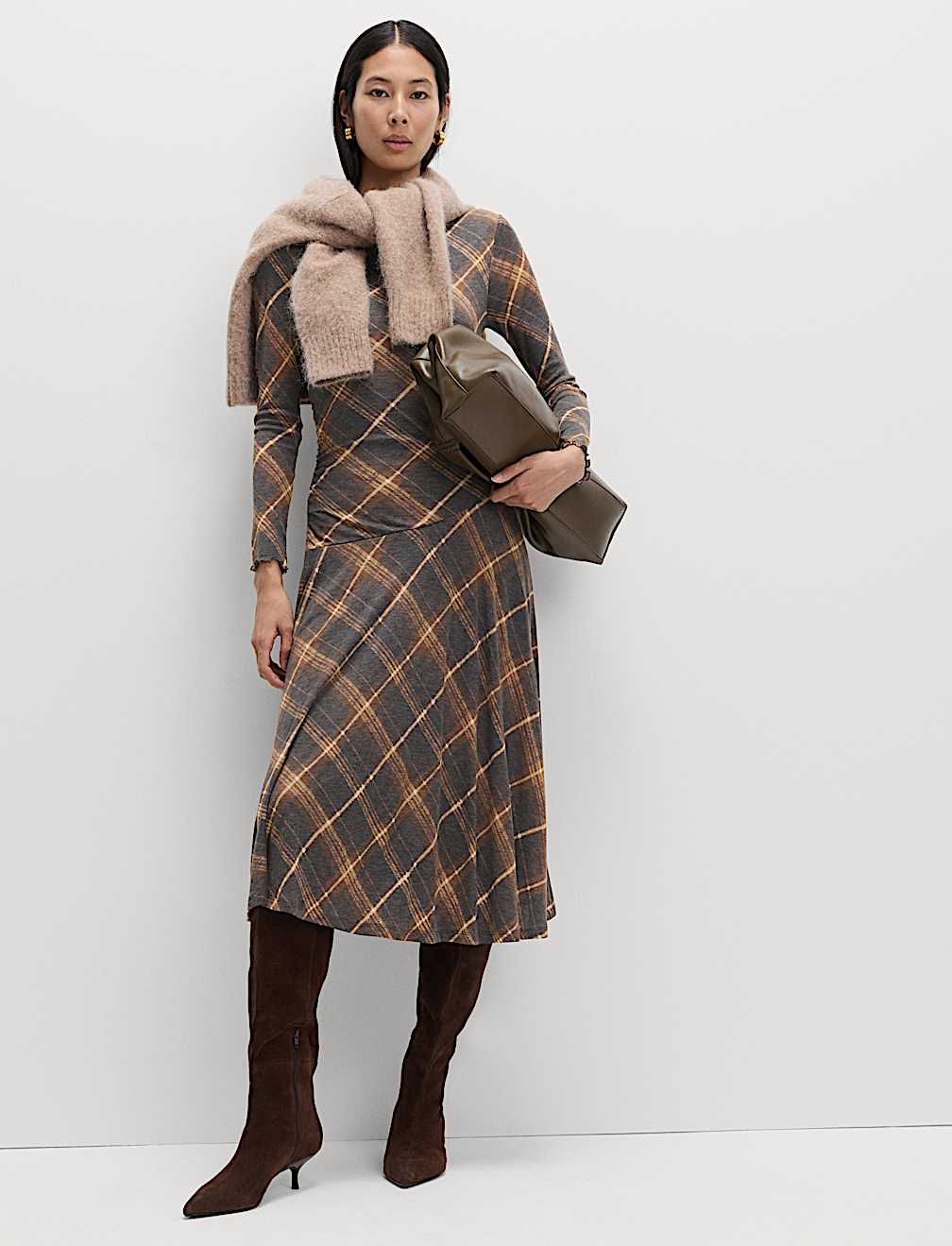 Lyocell Blend Checked Dropped Waist Midi Dress