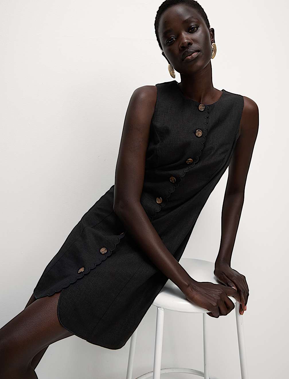 Linen Blend Button Through Mini Shift Dress