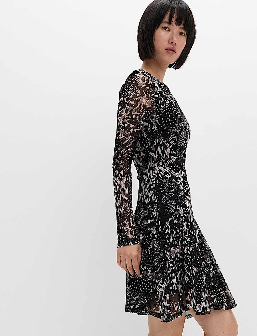 Mesh Printed Mini Skater Dress