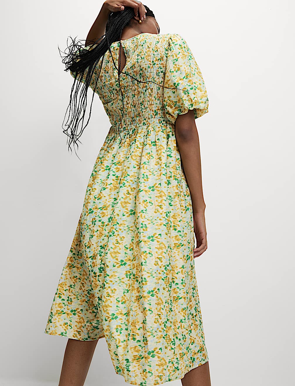 Printed Shirred Midi Waisted Dress