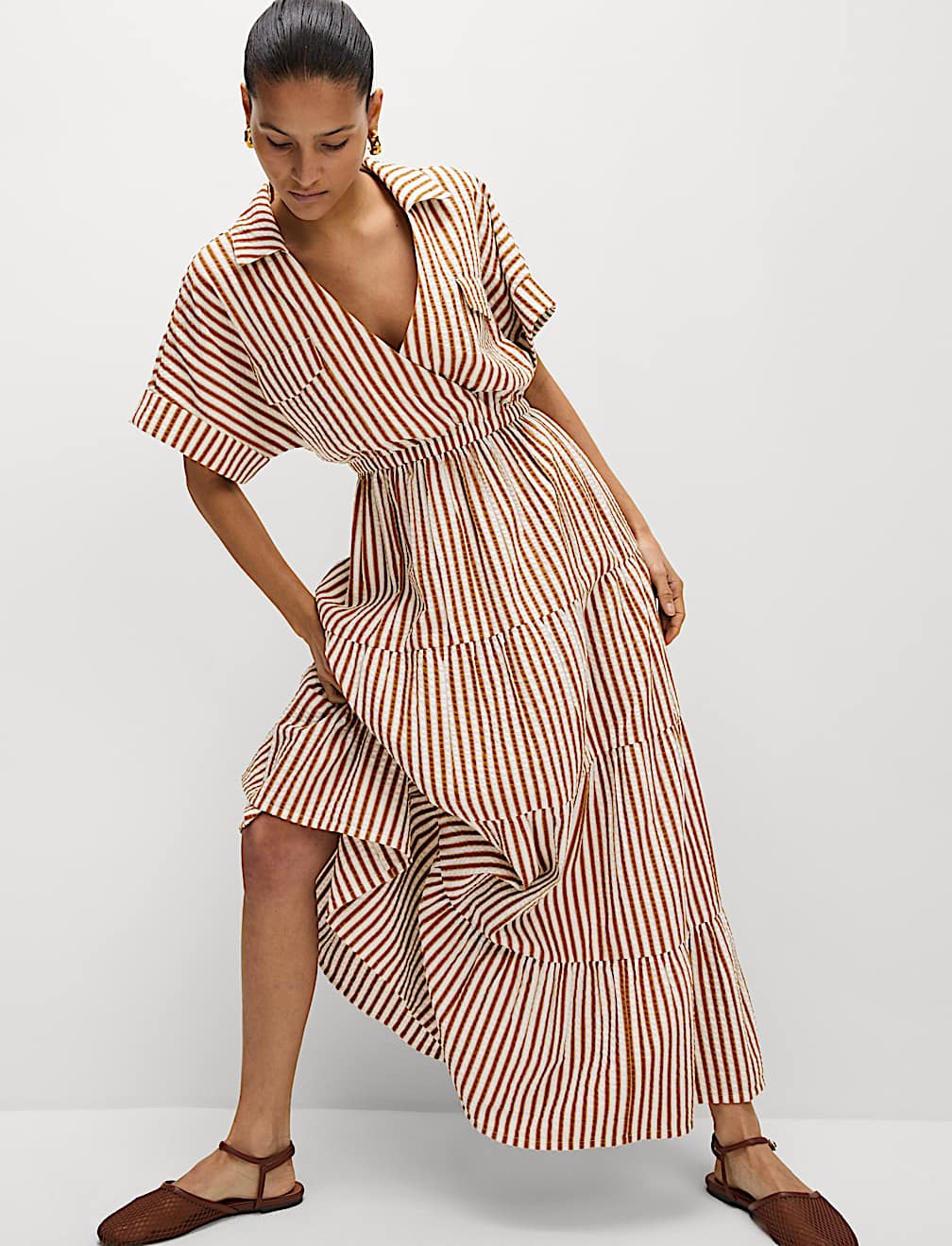 Pure Cotton Printed V-Neck Midaxi Shirt Dress